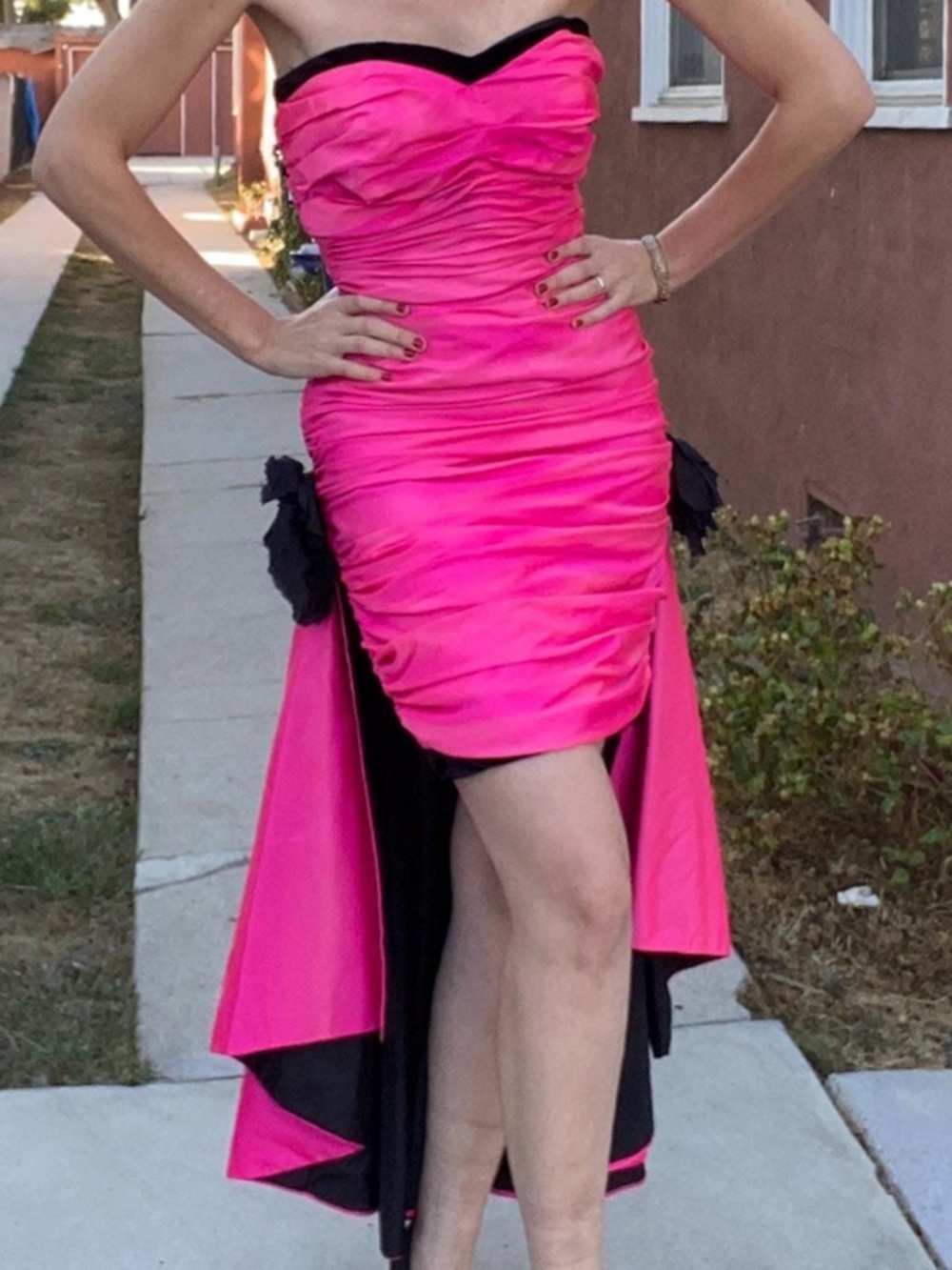 80s Vintage Victor Costa Hot Pink & Black Strapless Mini Dress